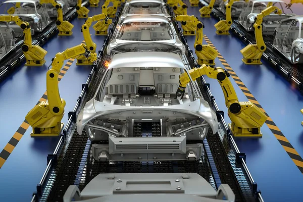 Koncepcja Fabryki Automatyki Aumobile Linią Montażową Robota Renderującego Fabryce Samochodów — Zdjęcie stockowe