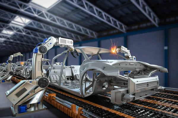 Automazione Concetto Fabbrica Aumobile Con Linea Assemblaggio Robot Rendering Fabbrica — Foto Stock