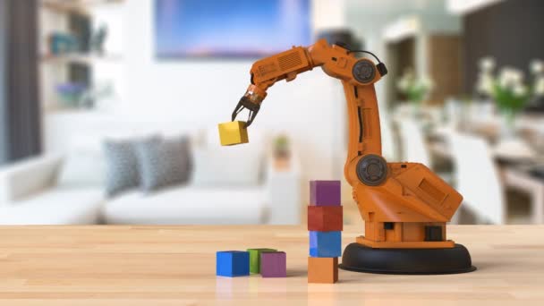 3Dレンダリングロボットアームは 家の中でおもちゃブロックを配置します4Kアニメーション — ストック動画