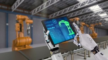 Fabrika 4k animasyonunda dijital tabletle 3D robot eli çizmek