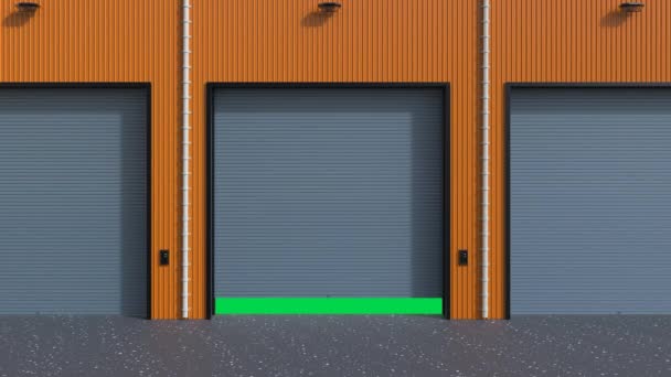 Renderizado Exterior Del Almacén Con Puertas Obturador Abierto Animación — Vídeo de stock