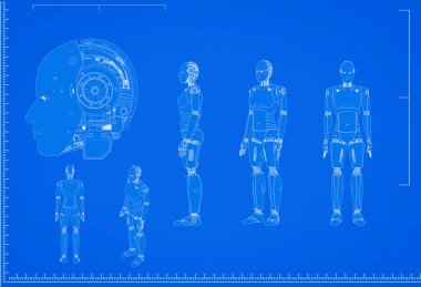 3D görüntüleme cyborg veya robot mavi arkaplan üzerinde ölçeklendirme planı
