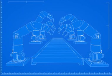 Mavi arkaplanda ölçekli 3d robot montaj çizgisi planı