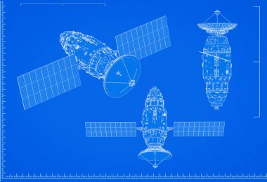 Mavi arkaplanda ölçekli 3d uydu anten planı oluşturuluyor