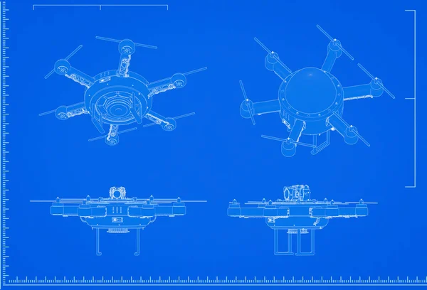 Rendering Drone Blueprint Scale Blue Background — Stock Photo, Image