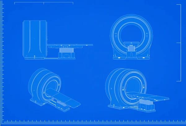 3d rendering mri scanner machine blueprint with scale on blue background