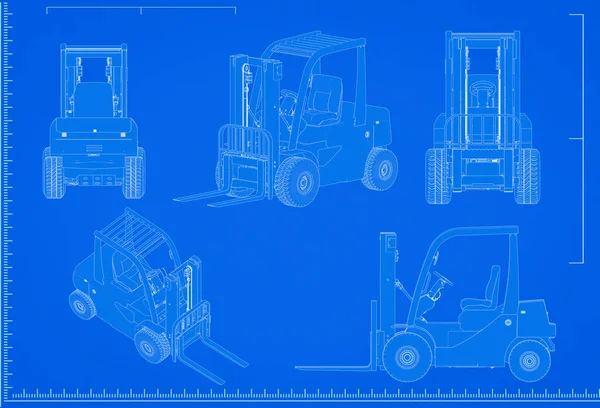 Renderowania Wózka Widłowego Projekt Skali Niebieskim Tle — Zdjęcie stockowe