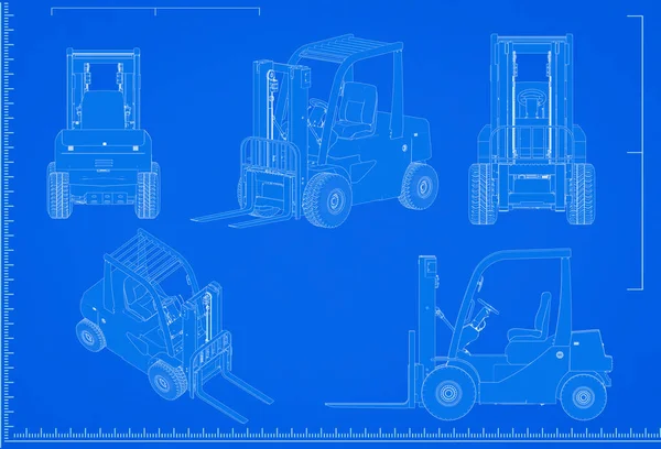 3d rendering forklift truck blueprint with scale on blue background