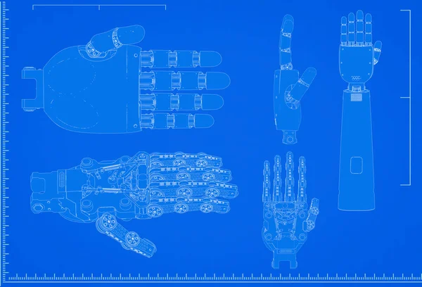 3d rendering cyborg hand blueprint with scale on blue background