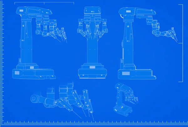 蓝色背景比例机器人手术蓝图3D绘制 — 图库照片