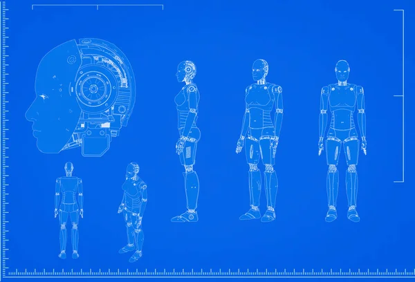 Рендеринг Киборга Робота Чертеж Масштабом Синем Фоне — стоковое фото