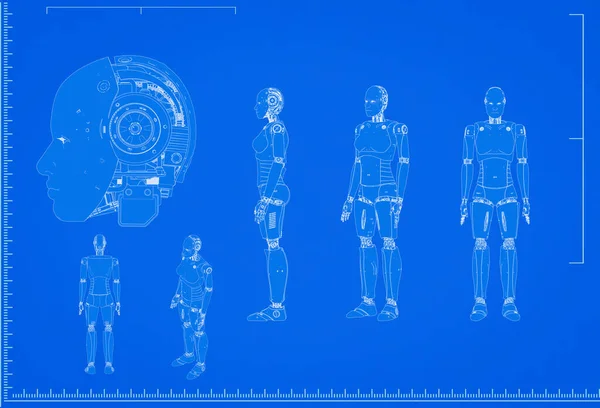 3d rendering cyborg or robot blueprint with scale on blue background