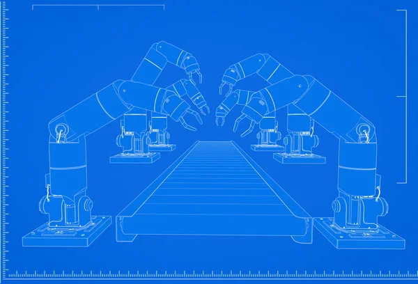 Rendering Robot Assembly Line Blueprint Scale Blue Background — Stock Photo, Image