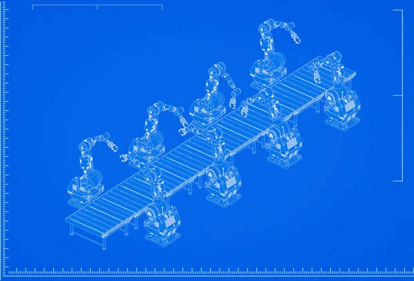 Renderowanie Robota Linia Montażowa Plan Skali Niebieskim Tle — Zdjęcie stockowe
