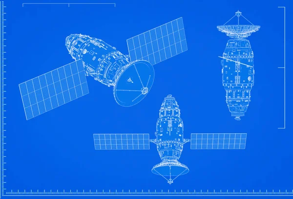 Rendering Satelliet Schotel Blauwdruk Met Schaal Blauwe Achtergrond — Stockfoto