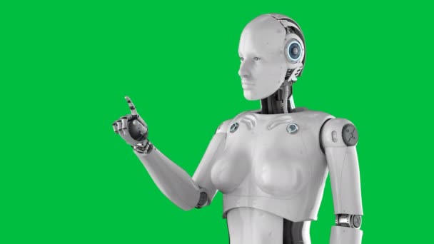 Rendering Weiblicher Cyborg Fingerzeig Auf Grünem Bildschirmhintergrund Filmmaterial — Stockvideo