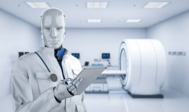 Doktor robotu MRI tarama makinesiyle hazırlayan tıbbi teknoloji konsepti 