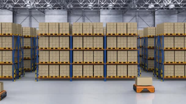 Rendering Ρομπότ Αποθήκη Μεταφέρουν Κουτιά Στο Εργοστάσιο Πλάνα — Αρχείο Βίντεο