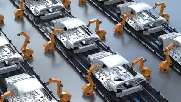 Automatisering Aumobile Fabrieksconcept Met Rendering Robot Assemblagelijn Autofabriek Beeldmateriaal — Stockvideo