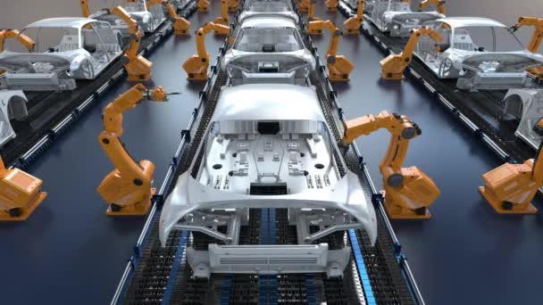 Automatización Concepto Fábrica Aumobile Con Renderizado Robot Línea Montaje Fábrica — Vídeos de Stock