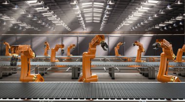 Otomasyon endüstrisi konsepti fabrikada 3 boyutlu robot üretim hattıyla