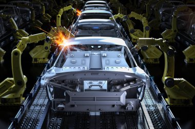 Otomasyon aumobile fabrikası konsepti ve otomobil fabrikasında 3 boyutlu robot üretim hattı.