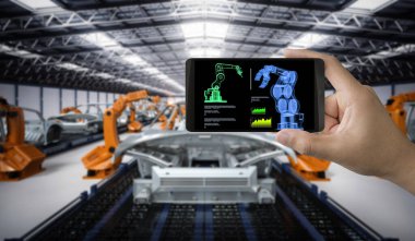 Otomasyon aumobile fabrikası konsepti ve otomobil fabrikasında 3 boyutlu robot üretim hattı.