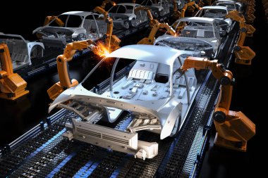 Automation aumobile factory concept with 3d rendering robot assembly line in car factory clipart