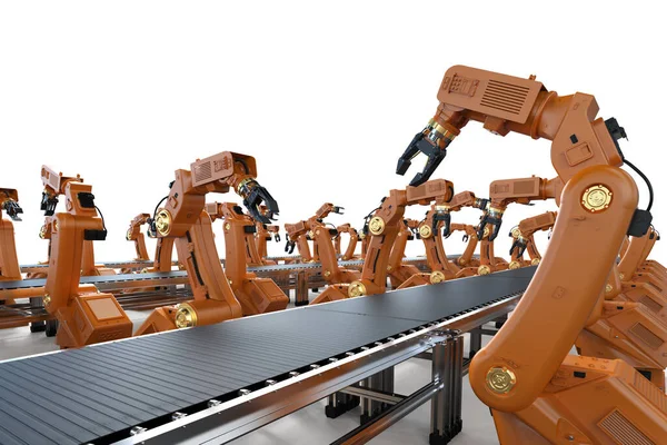 Concepto Industria Automatización Con Línea Montaje Robot Renderizado Fábrica —  Fotos de Stock