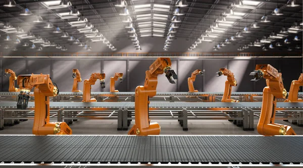 Automation industry concept with 3d rendering robot assembly line in  factory