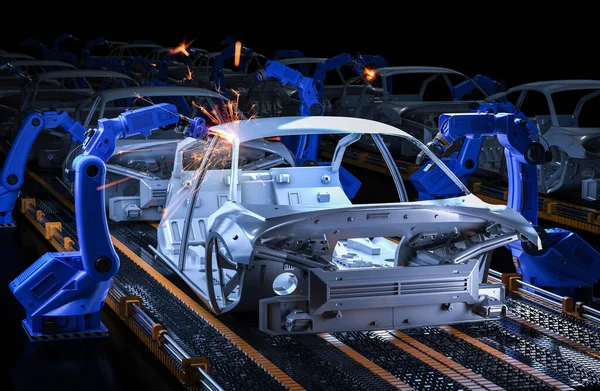 Koncepcja Fabryki Automatyki Aumobile Linią Montażową Robota Renderującego Fabryce Samochodów — Zdjęcie stockowe