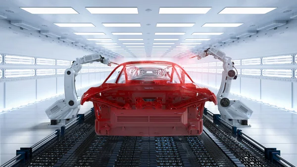 Automatizace Aumobile Tovární Koncept Vykreslování Robot Montážní Linka Automobilce — Stock fotografie