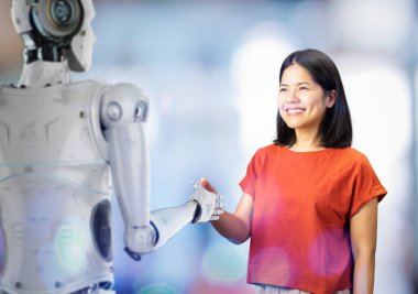 3D sayborg el sıkışması Asyalı kadınla.