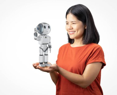 Asyalı bir kadınla robot asistanı konsepti 3D görüntüleme robotu