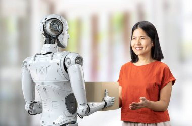 3D sunucu cyborg Asyalı kadına karton kutu gönderdi