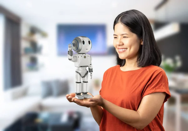 Robot Asistent Koncept Asijské Žena Hold Rendering Robot — Stock fotografie