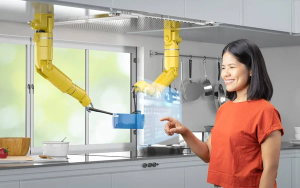 アジアの女性のコントロールとキッチンで3Dレンダリングシェフロボット料理とスマートキッチンコンセプト — ストック写真