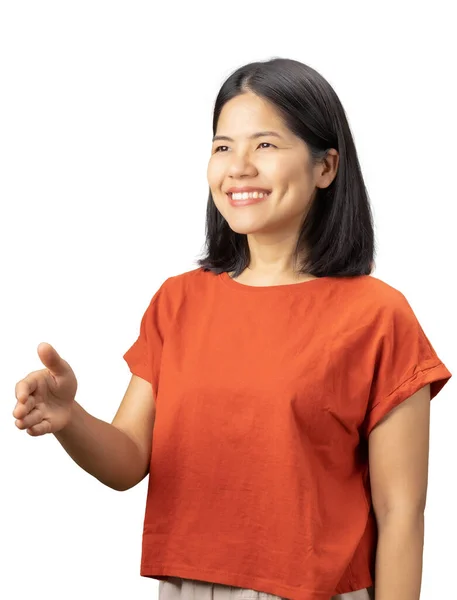 Asiatin Trägt Rotes Shirt Handschlag Isoliert Auf Weißem Hintergrund — Stockfoto