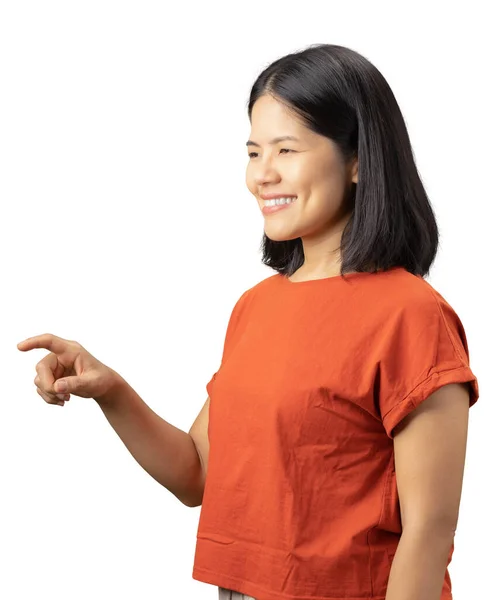 Asiatin Trägt Rotes Shirt Fingerzeig Isoliert Auf Weißem Hintergrund — Stockfoto
