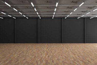 3D boş oda, siyah duvar ve ahşap zemin.