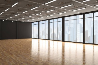 3D boş oda, siyah duvar ve ahşap zemin.