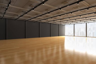 3D boş oda, siyah duvar ve ahşap zemin.