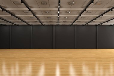 3D boş oda, siyah duvar ve ahşap zemin.