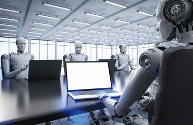 Ofiste veya konferans odasında çalışan 3D görüntüleme robotu