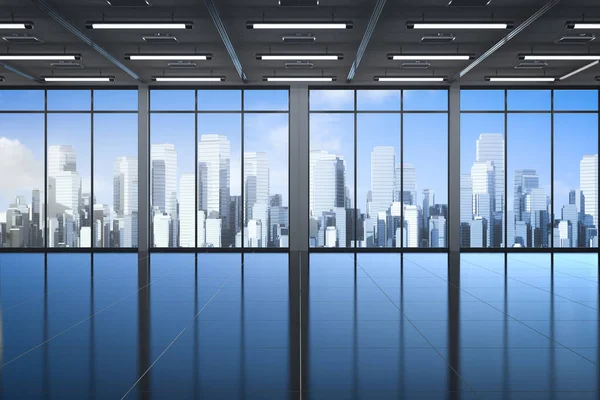 3Dガラス窓付きの空のオフィススペースをレンダリング — ストック写真