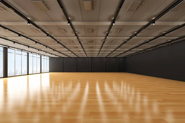 3D渲染带有黑墙和木制地板的空房间 — 图库照片