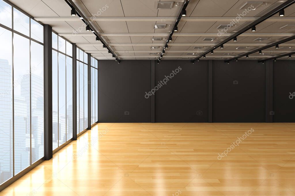 3d rendering empty room with black wall and wooden floor