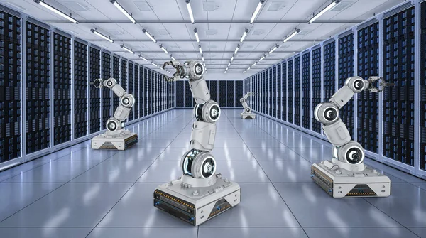 Automation Serverraum Mit Rendering Gruppe Von Roboterarmen Arbeiten Serverraum — Stockfoto
