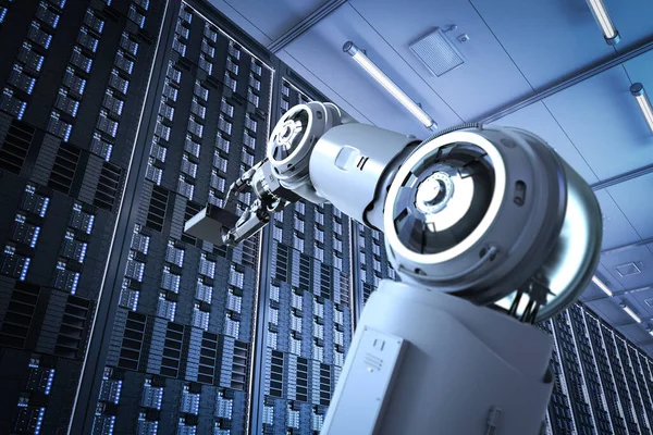 Automatisering Serverruimte Met Rendering Robot Arm Werkt Serverruimte — Stockfoto