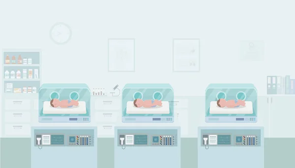 Bebés Recién Nacidos Incubadoras Diseño Plano Vector Ilustración — Archivo Imágenes Vectoriales